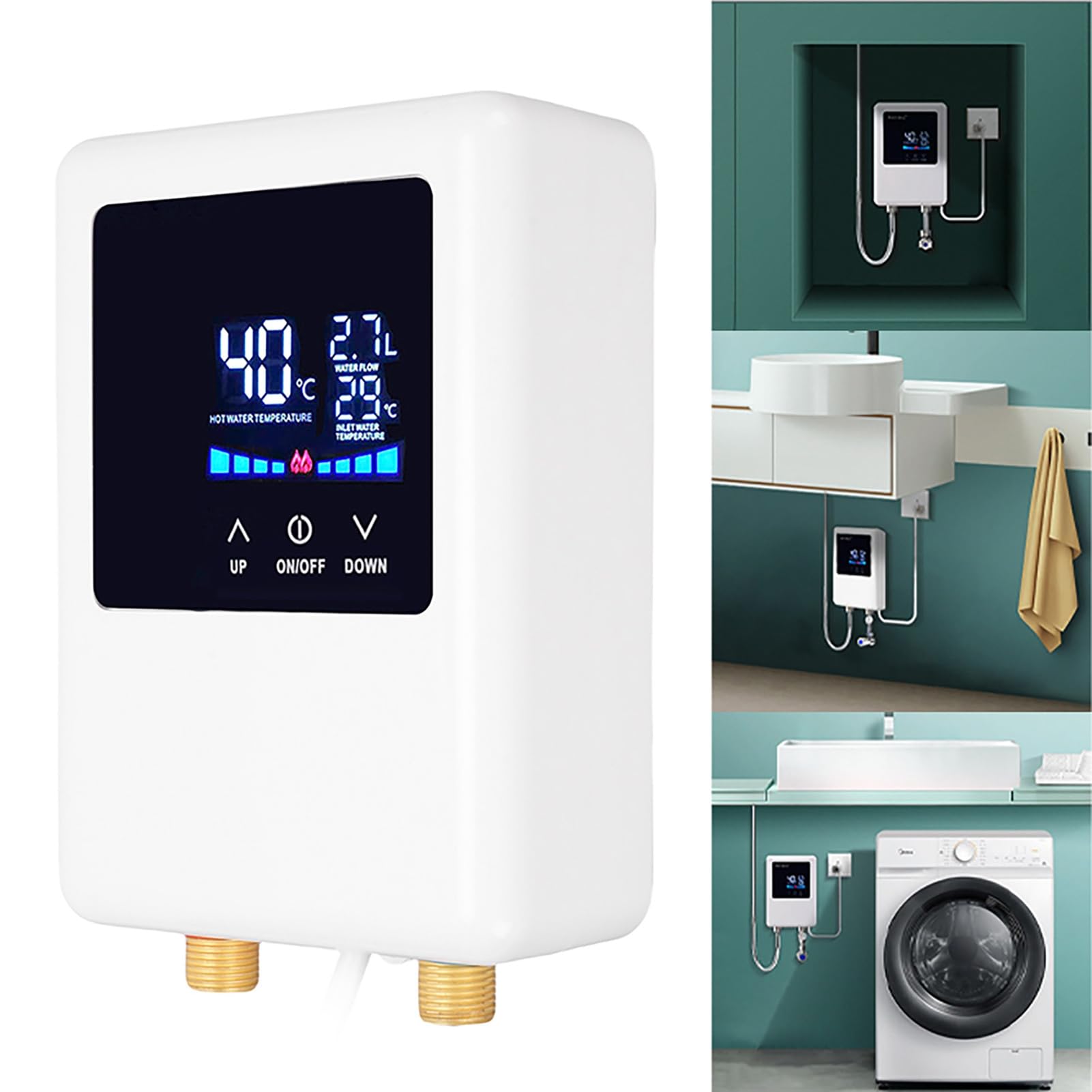 Scallo Idrico Senza Serbatoio, Scaldabagno Istantaneo Elettrico 3000W con Schermo LCD, Sotto la Parete del Lavandino, Riscaldatori Termostati di Conversione di Frequenza per (EU)