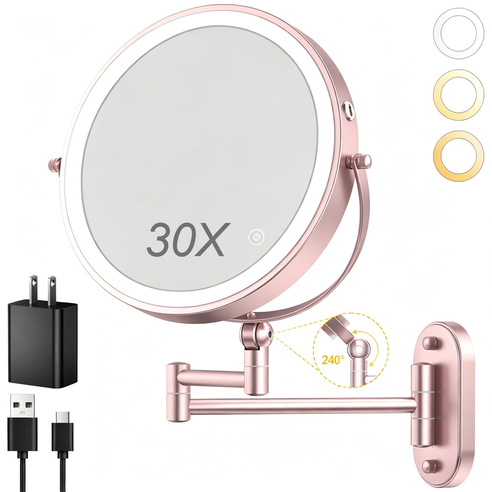 Espejo de maquillaje iluminado montado en la pared de 9 pulgadas, recargable de 4000 mAh, espejo de aumento de doble cara 1X/30X con luz, regulable al tacto, brazo extendido, rotación de 360 grados