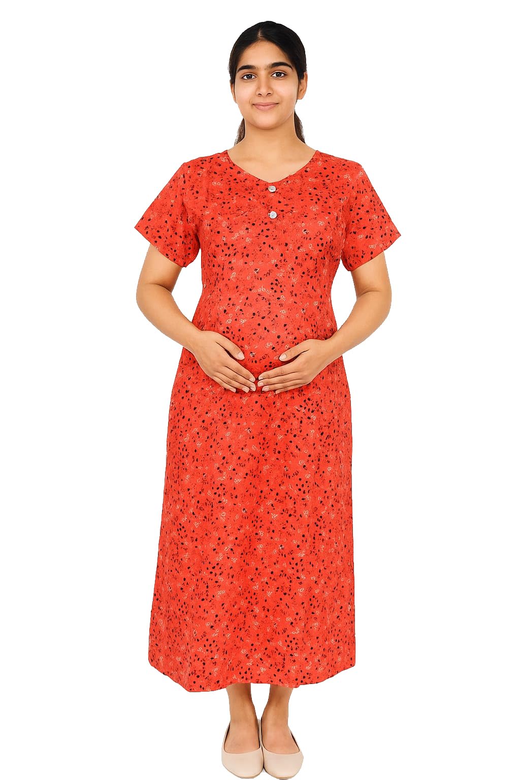 Dark Peach Floral Pure Cotton Maternity Maxi/Nighty/Free Size/Feeding/Nursing/Zipper/with Pocket-image-39