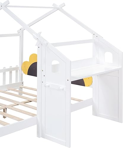 Miniatura 258 de Cama de casa de tamaño individual con 2 cajones, marco de cama de madera y barandilla de seguridad. Ahorra espacio, ideal para el dormitorio de un