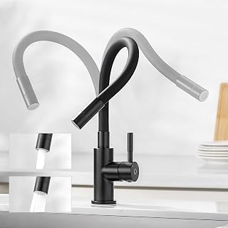 CECIPA Grifo Cocina Flexible Con 2 Chorros de Agua, Abatible, Negro Mate, Fregadero Giratorio a 360º, Para Agua Caliente Y Fría