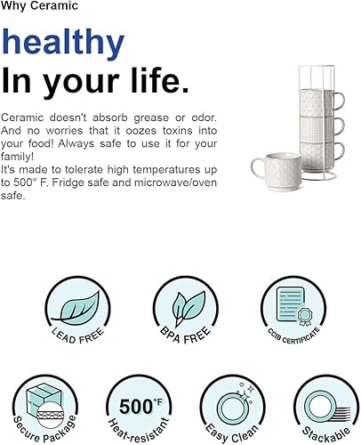 Miniatura 6 de LE TAUCI Juego de tazas de café apilables con soporte, tazas de café de cerámica para Au Lait, capuchino, café con leche, café, moca, té, adecuado