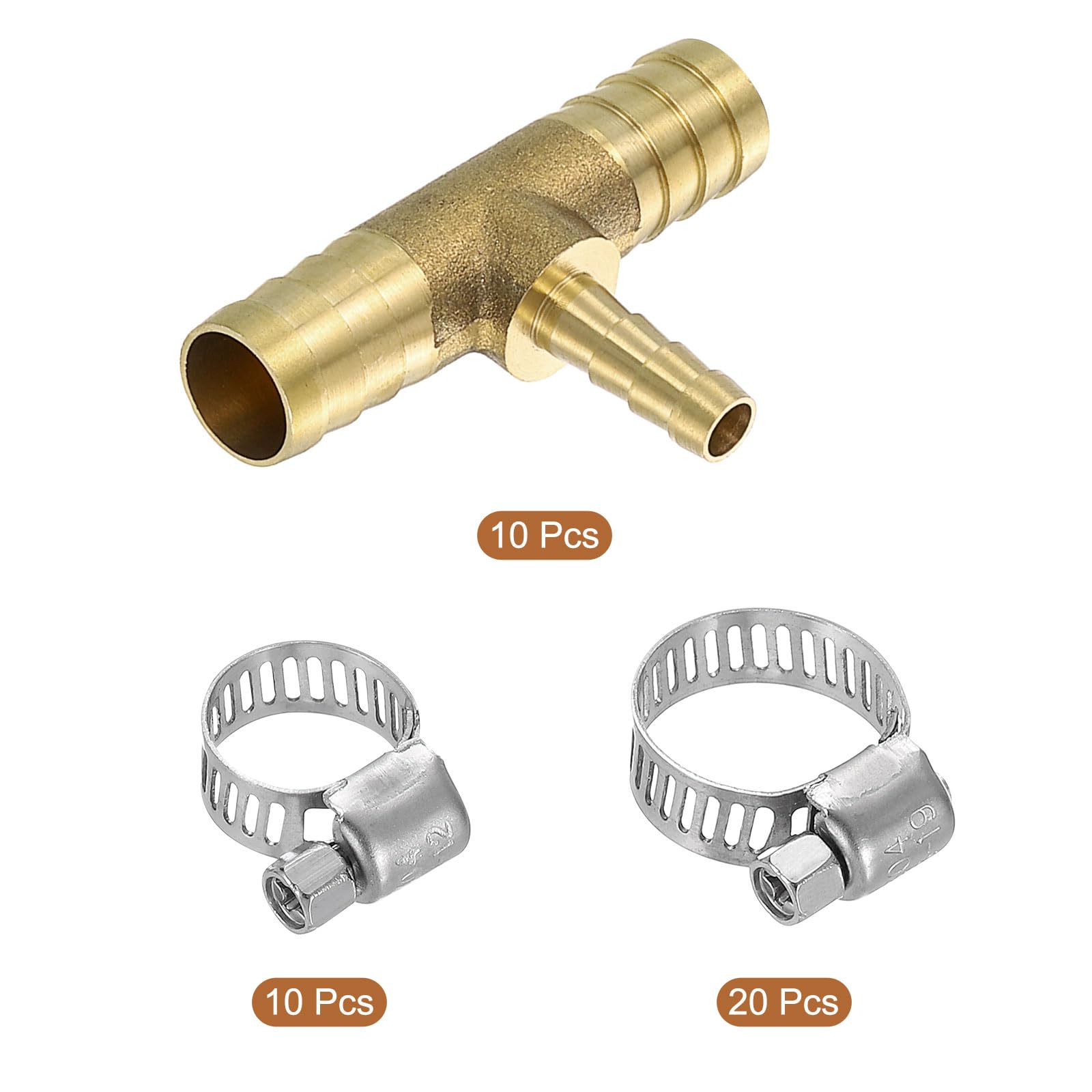 QUARKZMAN 10pz Raccordi Tubo in Ottone 1/2"x1/4"x1/2" con 30pz Morsetti | Riduttore Tubo Raccordo Ottone a T con 30pz Morsetti Tubi per Acqua Carburante Aria