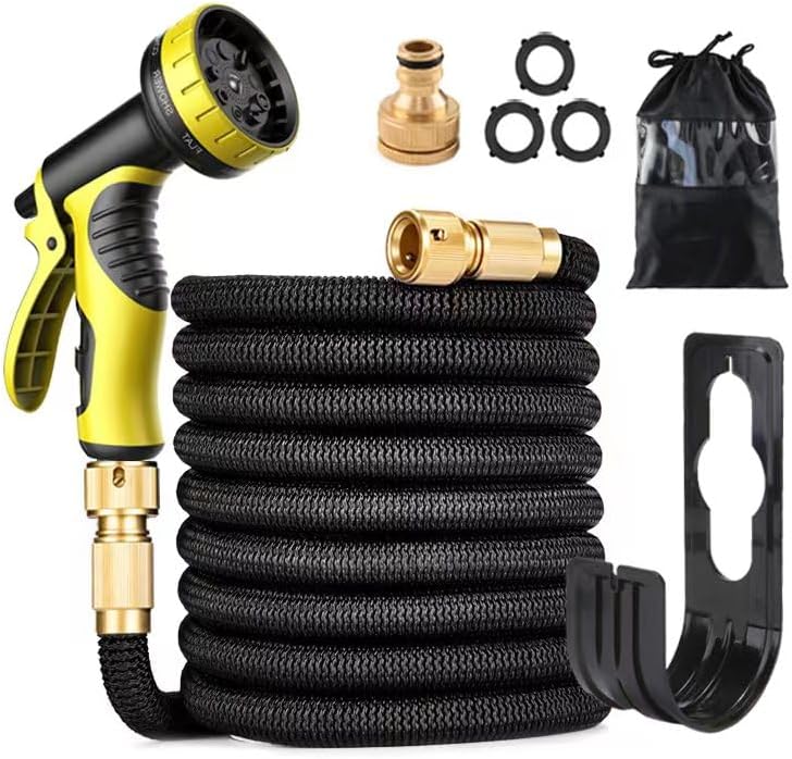 TOPWAYS Expandable Garden Hose Pipe Spray, Flexible Magic Hosepipes for Garden, 3/4"&1/2" Solid Brass Connectors, 10 Function Spray Gun Watering Long Hose for Gardening Plants (75ft/22m Black)