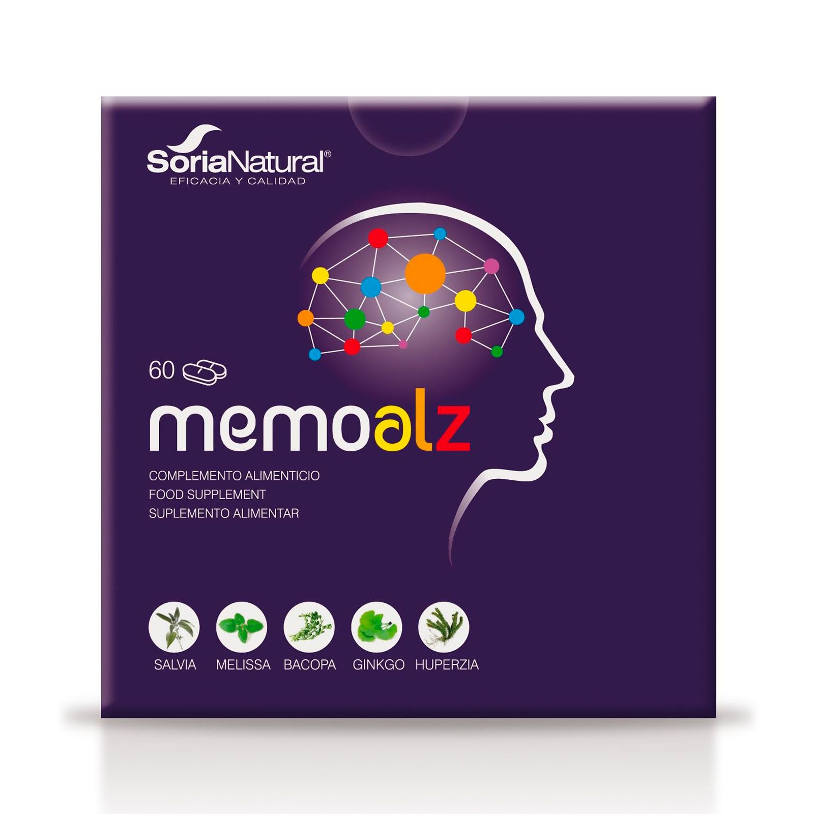 Soria Natural - MEMOALZ - Complemento alimenticio - Mejora la memoria y favorece la concentración - 60 comprimidos - Extracto de Salvia