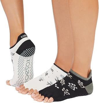 toesox Low Rise Half Toe Grip Socks, 2 Pack Non-Slip Pilates, Barre & Yoga Socks for Women and Men - Bellflower/Petal, Medium