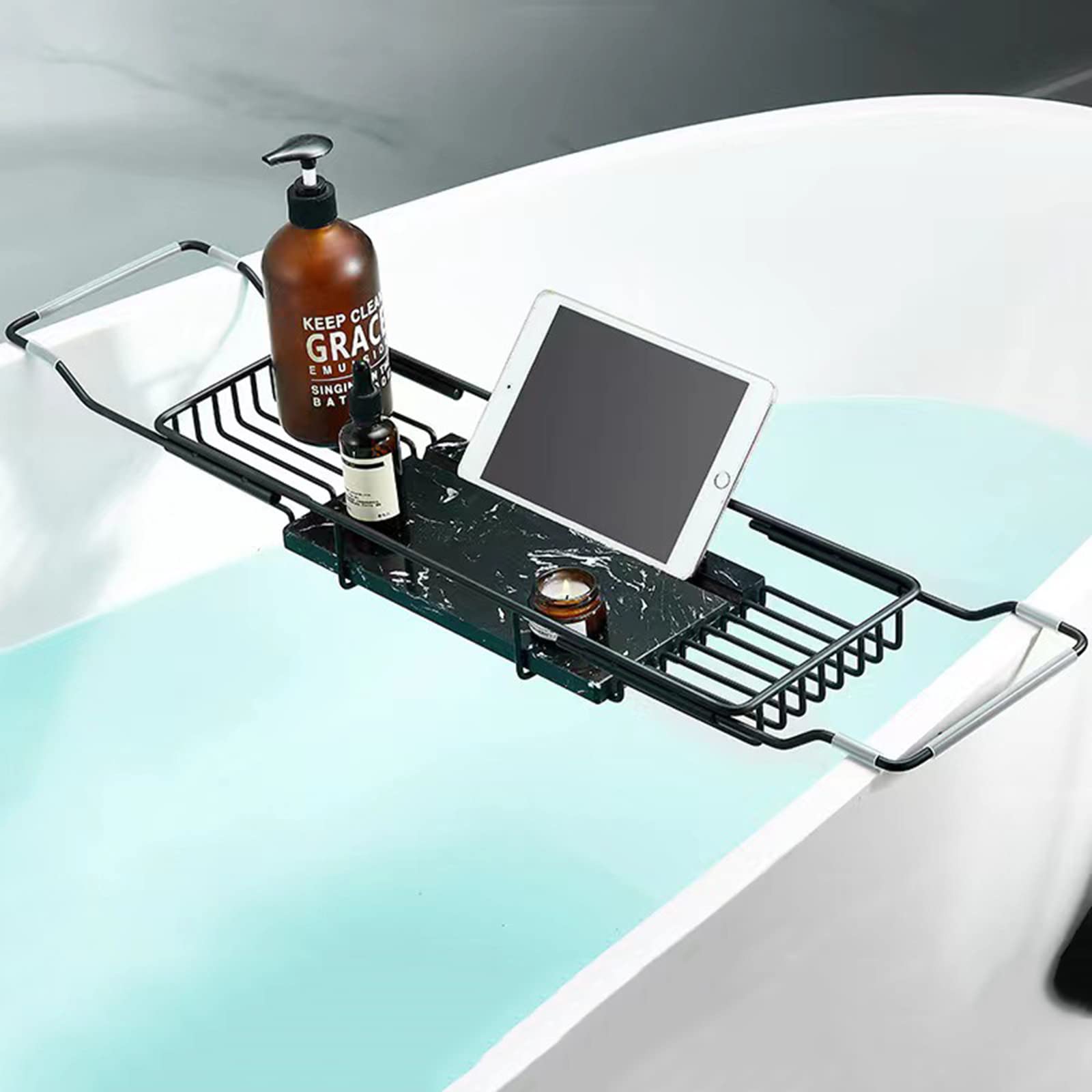 MYUYEE Premium Stainless Steel Expandable Bathtub Caddy Tray With Non Slip Grip Shower Organizer For Bath Tub Fits Most Tubs Chrome Coated Bathtub Racks (Black-3)