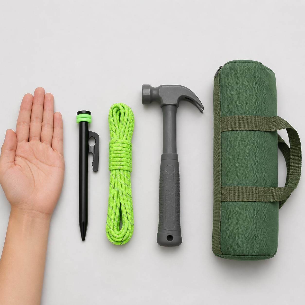 Sturmsicheres Zeltzubehör Set für Camping, Zeltheringe Set & Abspannseile, für Zeltaufbau, Set mit 6X 20cm Heringen, 6X reflektierenden Seilen, grauem Hammer, Aufbewahrungstasche und Zubehör
