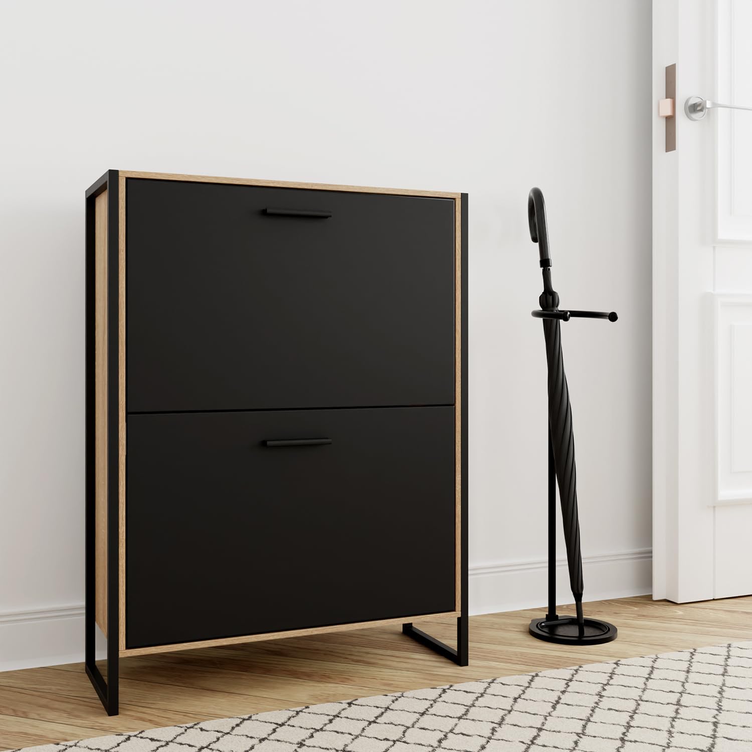 CASABEL Industrial shoe cabinet, 18 pairs, shoe cabinet, storage, entrance, large capacity, space saving, entrance, hall, black doors, light wood