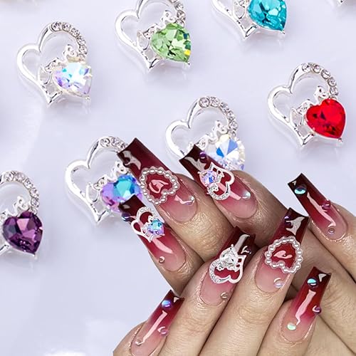 Miniatura 6 de 12 dijes plateados de corazón para uñas, aleación 3D, diamantes de imitación de San Valentín para uñas, dijes de arte de uñas con diamantes de