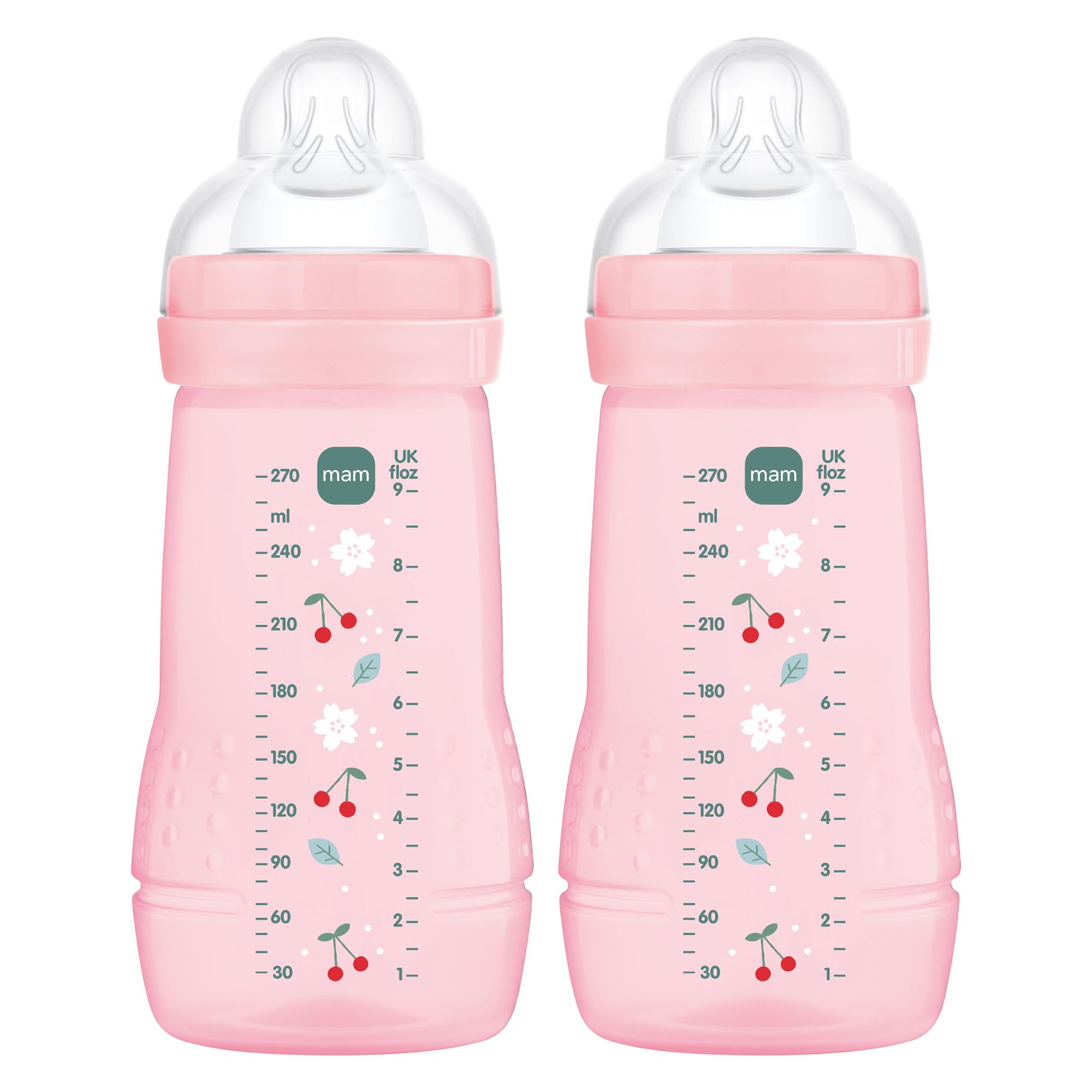 MAM Pack 2 Biberones, 2-4 Meses, 270ml, con Tetina 2 de Flujo Medio de Silicona de Fácil Aceptación, Fácil de Sostener, Fácil de Limpiar, MAM Easy Active, Rosa Brillante, Pack de 2uds