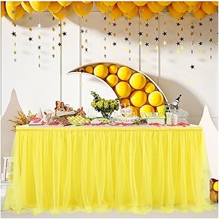 Hrlace Falda de mesa de tul de 4 pies, tutú de gasa para boda, mantel con pliegues, decoración romántica de mesa para bodas, cumpleaños, dulces, fiestas, día de San Valentín, Navidad, color amarillo,