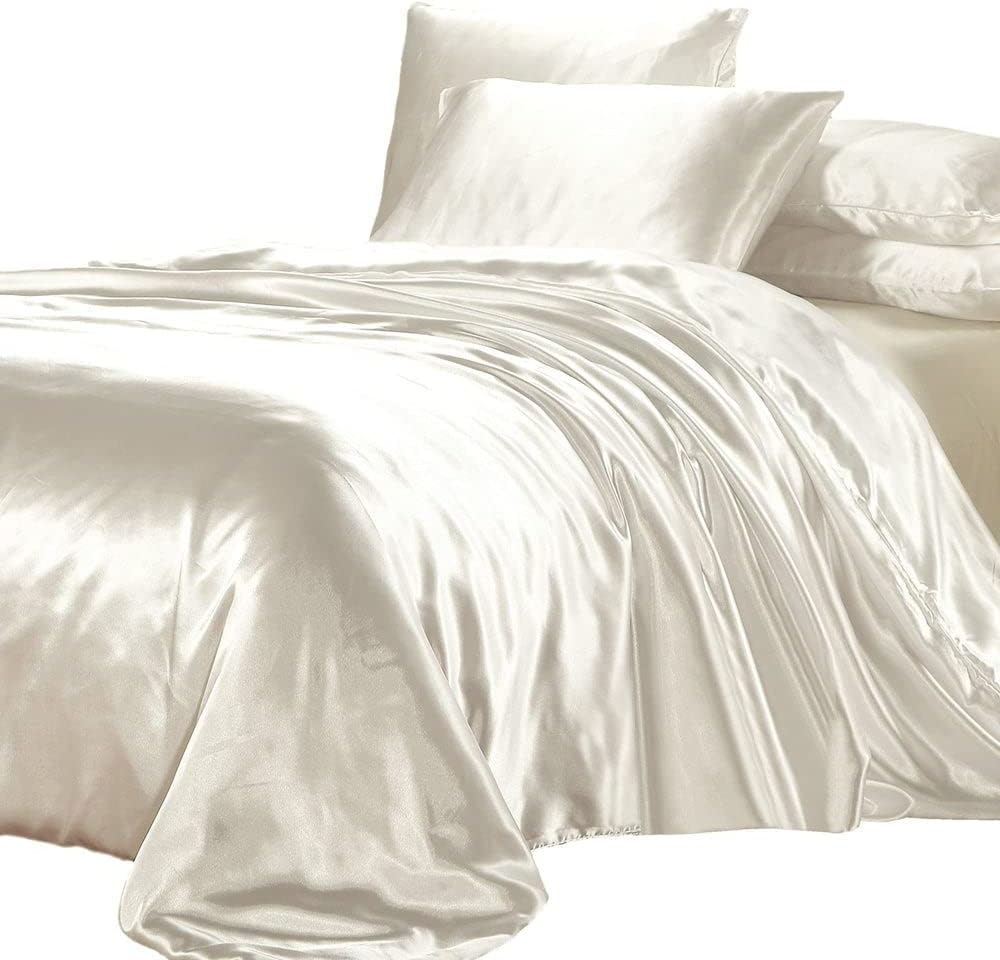 100% Pure Silk Satin Duvet Set with 2 Pillowcases Wrinkle Free Fade Resistant One Silk Duvet Cover | Two Pillowcases | Cool Soft Silk Duvet Set (Silver Grey, Twin/Twin XL)