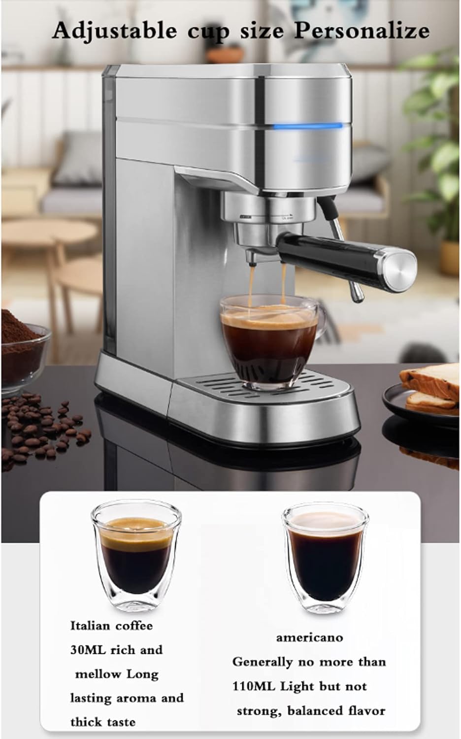 Espresso machine extracting coffee into a cup, showing adjustable cup size