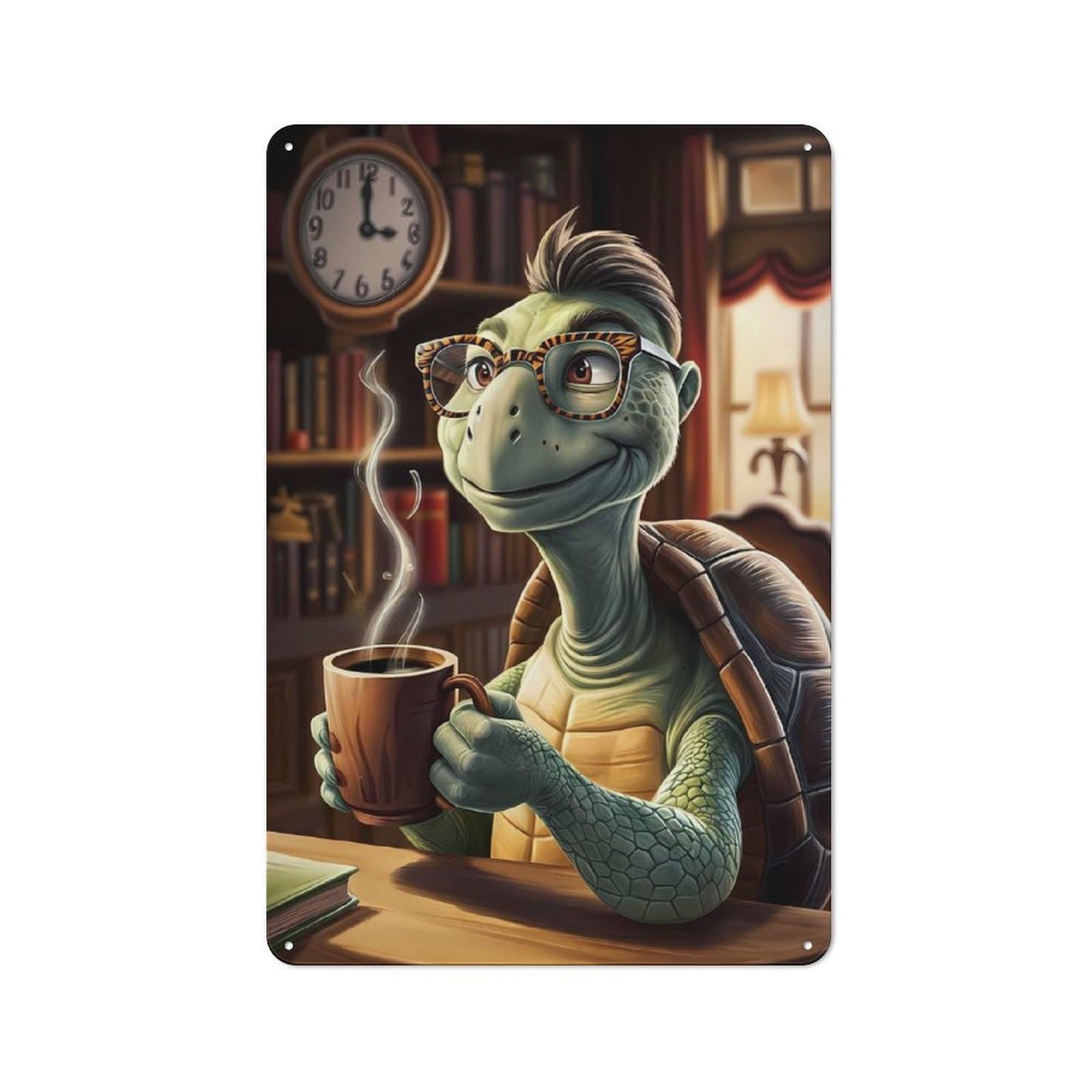 Junmoney Turtle Drinking Coffee Metal Wall Sign 30X20cm, Loft Style Urban Room Decor For Flat, Bar, Studio Or Gallery Wall
