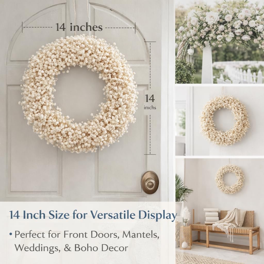 Ivory White Dried Baby's Breath Wreath - Medium-Sized Handmade Dried Flower Wreath, Real Natural Gypsophila Winter Wreaths for Front Door Window Wall Decor (14 inches)