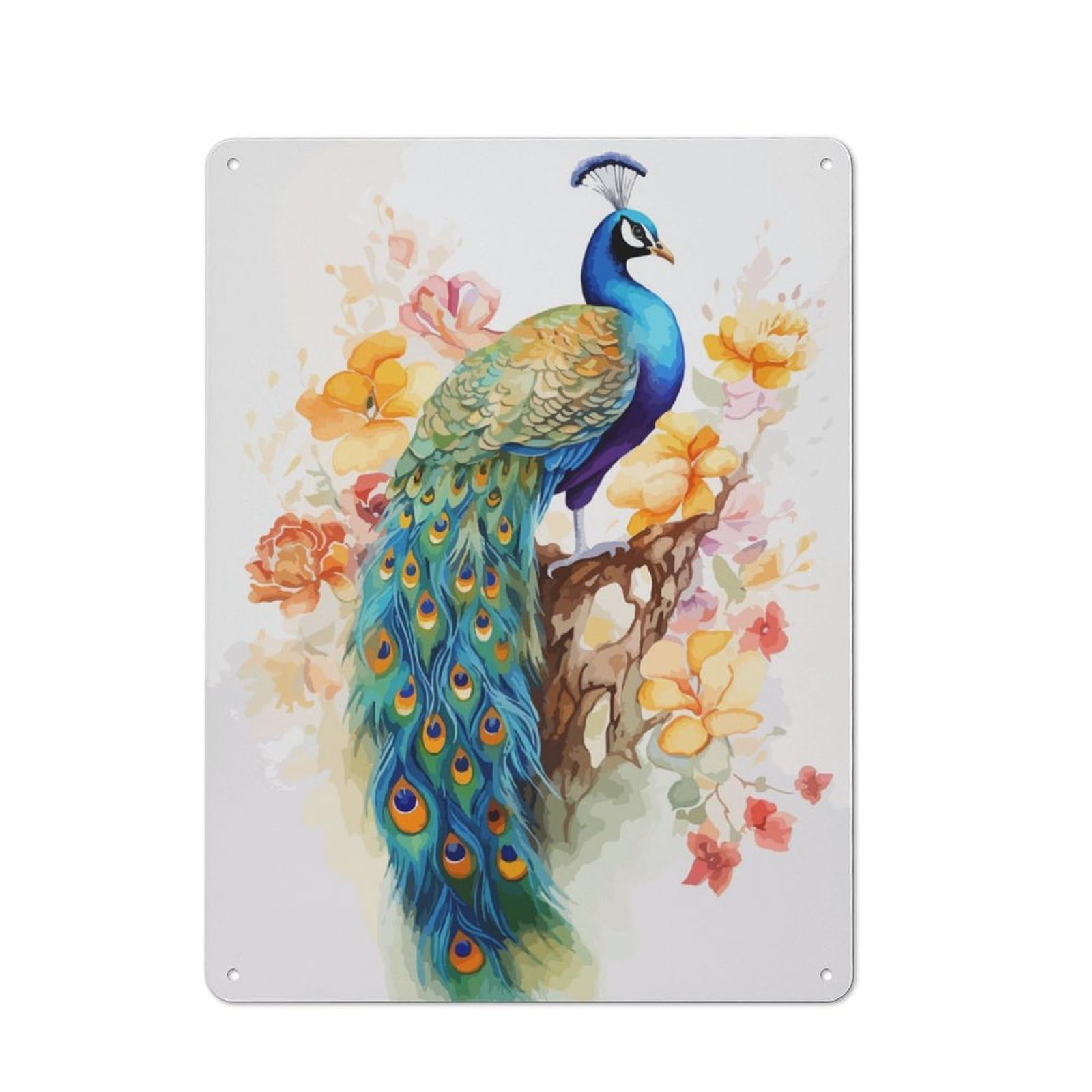 Junmoney Sweet Peacock Watercolor Retro Tin Wall Plaque 40X30cm Featuring For Pub Or Café, New-Space Wall Decor For Pub Decor Enthusiasts