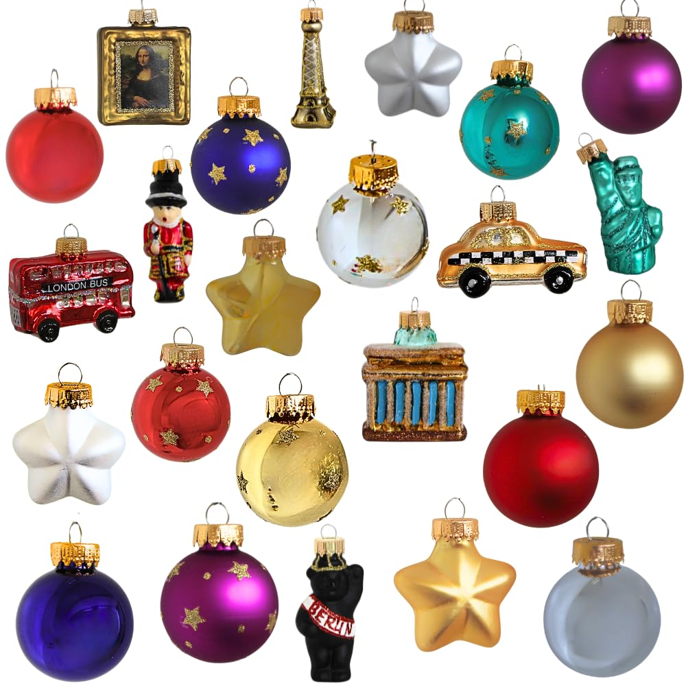 Dekohelden24 Lauschaer Christbaumschmuck - 24er Set Christbaumkugeln Lauscha, Glaskugeln, Glasornamente Weltreise - Baumschmuck zum Adventskalender befüllen, aus Lauscha, Größe: 3 cm je Ornament.