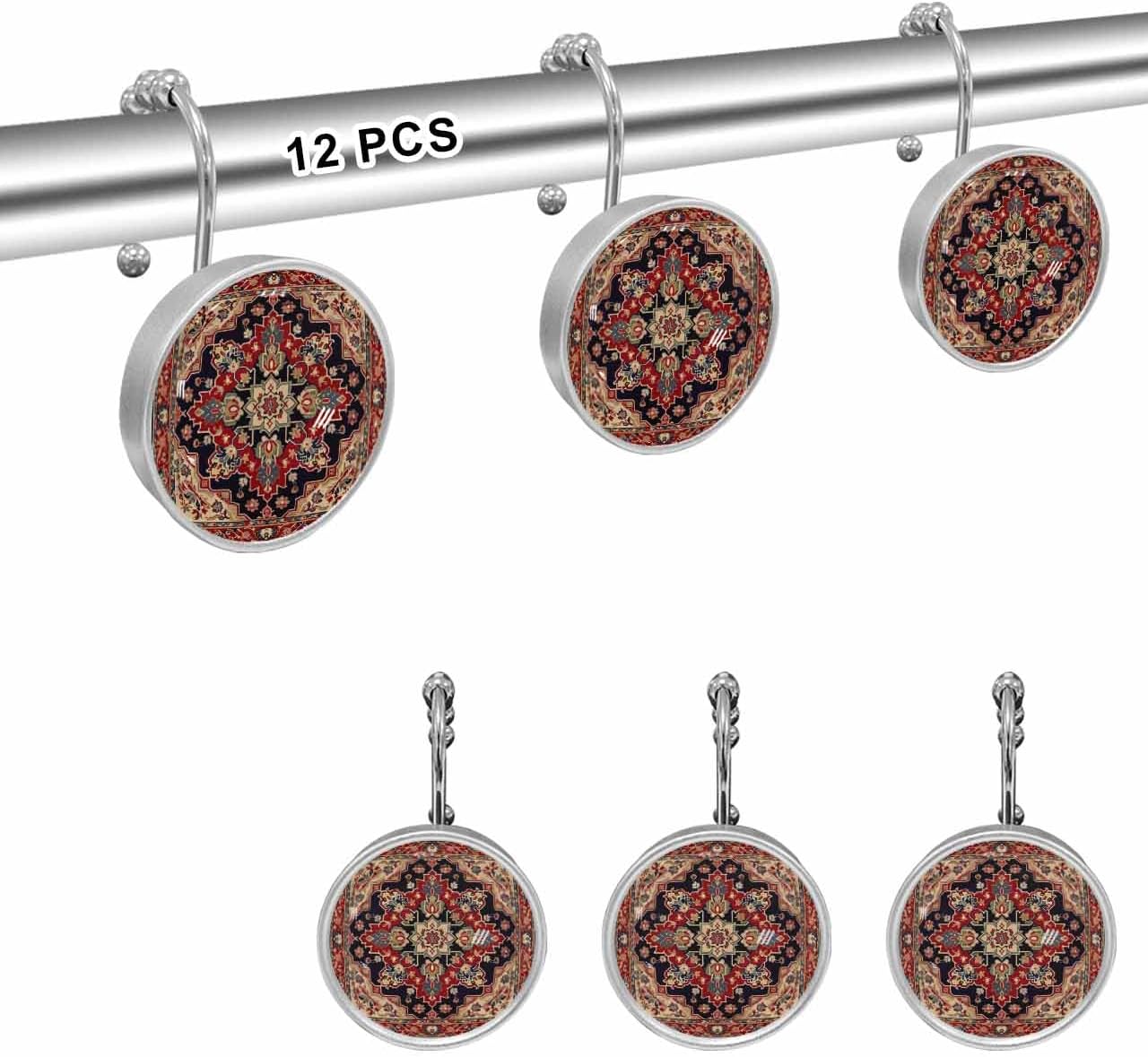 Shower Curtain Hooks 12 Pcs Red Vintage Floral Pattern Ethnic Style Stainless Steel Rust Proof Rolling Shower Curtain Rings, Decorative Shower Curtain Hooks Hangers for Bathroom