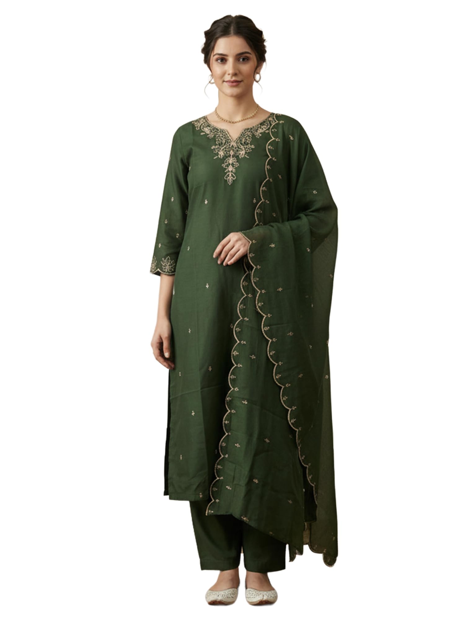 indo era Women's Silk Blend Embroidered Straight Kurta Pant with Dupatta Set-picture-56