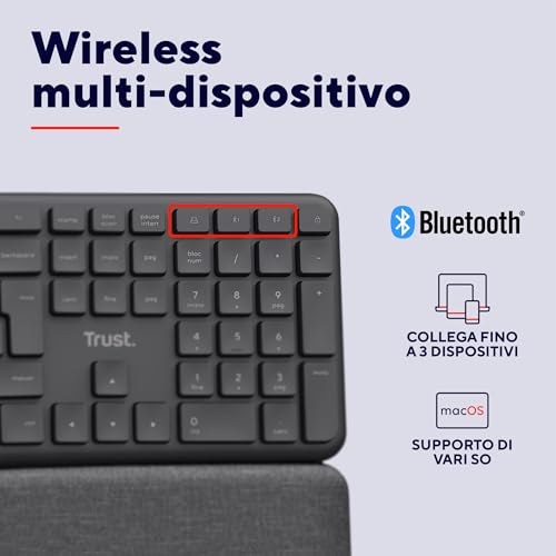 Arvia Tastiera Ergonomica Wireless Silenziosa Italiano QWERTY Bluetooth + 2.4GHz, Tastiera Bluetooth Multidispositivo con Poggiapolsi, Tasti Multimediali, PC Computer Laptop Mac, Nero - Tastiera gaming - Immagine 4