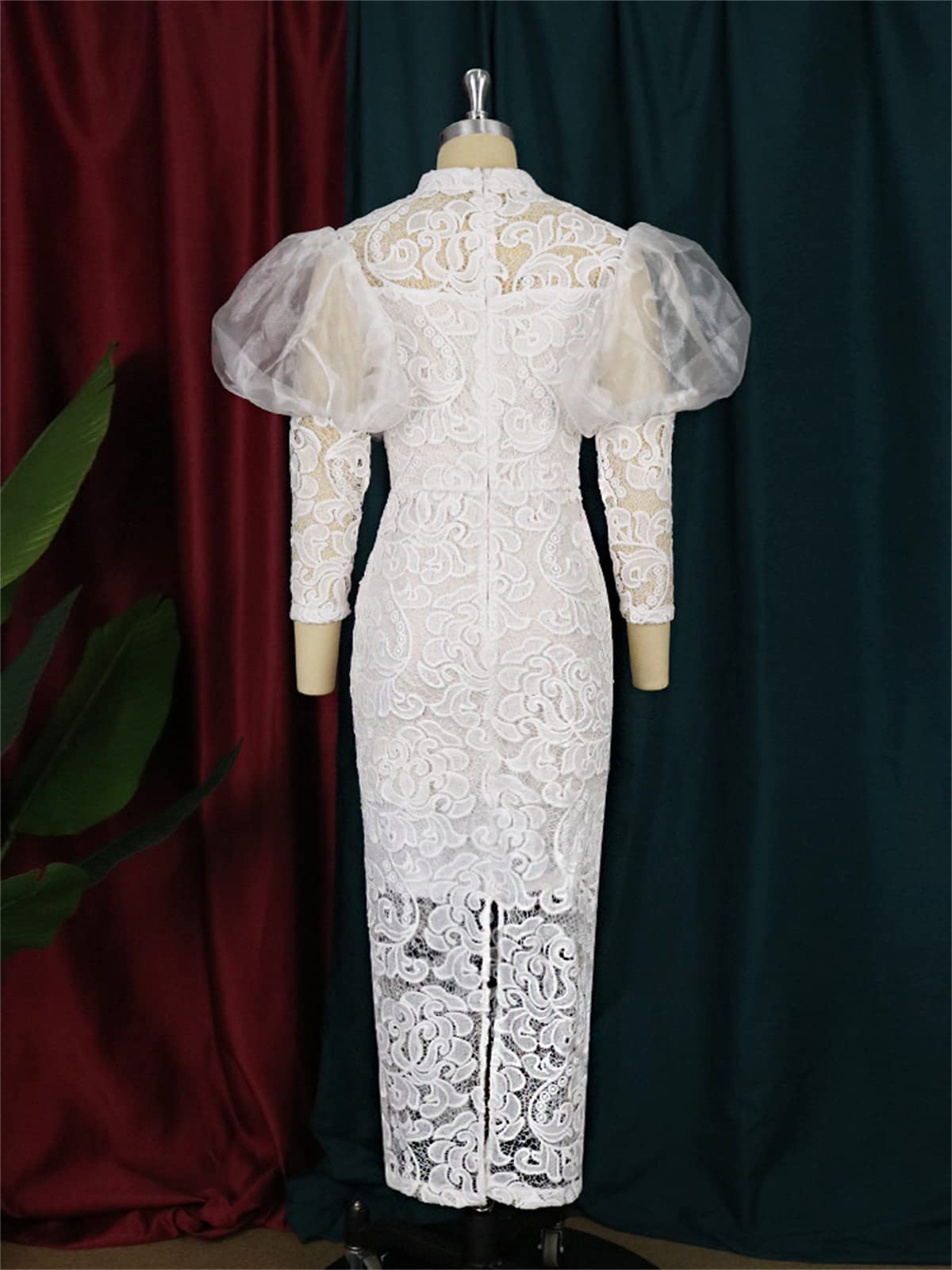 Abito da Donna in Pizzo Bianco Aderente Plus Size Abito a Tubino con Giunzione Solida a Maniche Lunghe per Cocktail Party di Matrimonio