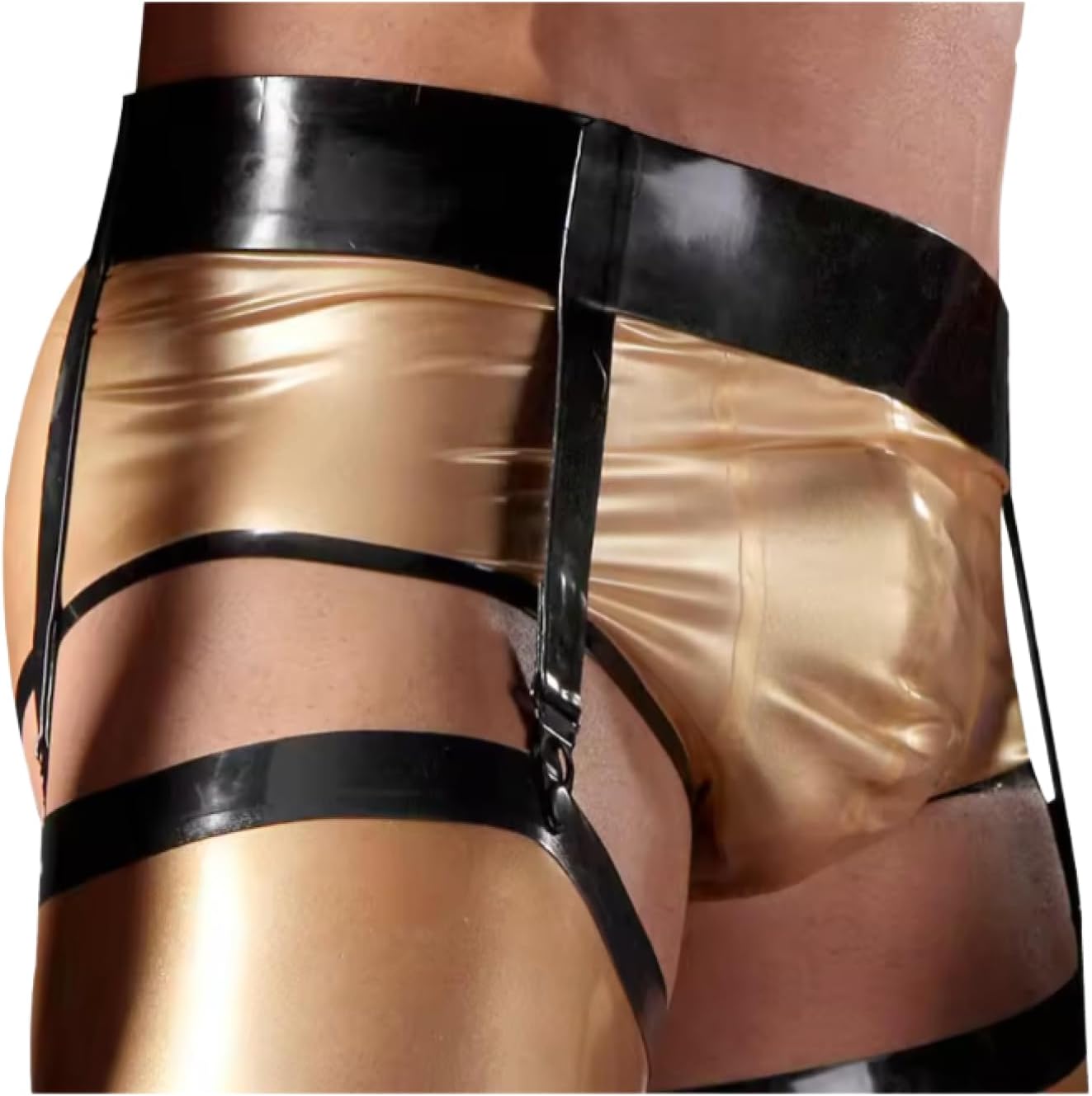 Golden And Black Sexy Latex Trunks With Garters Rubber Boxer Briefs Hipster Underpants