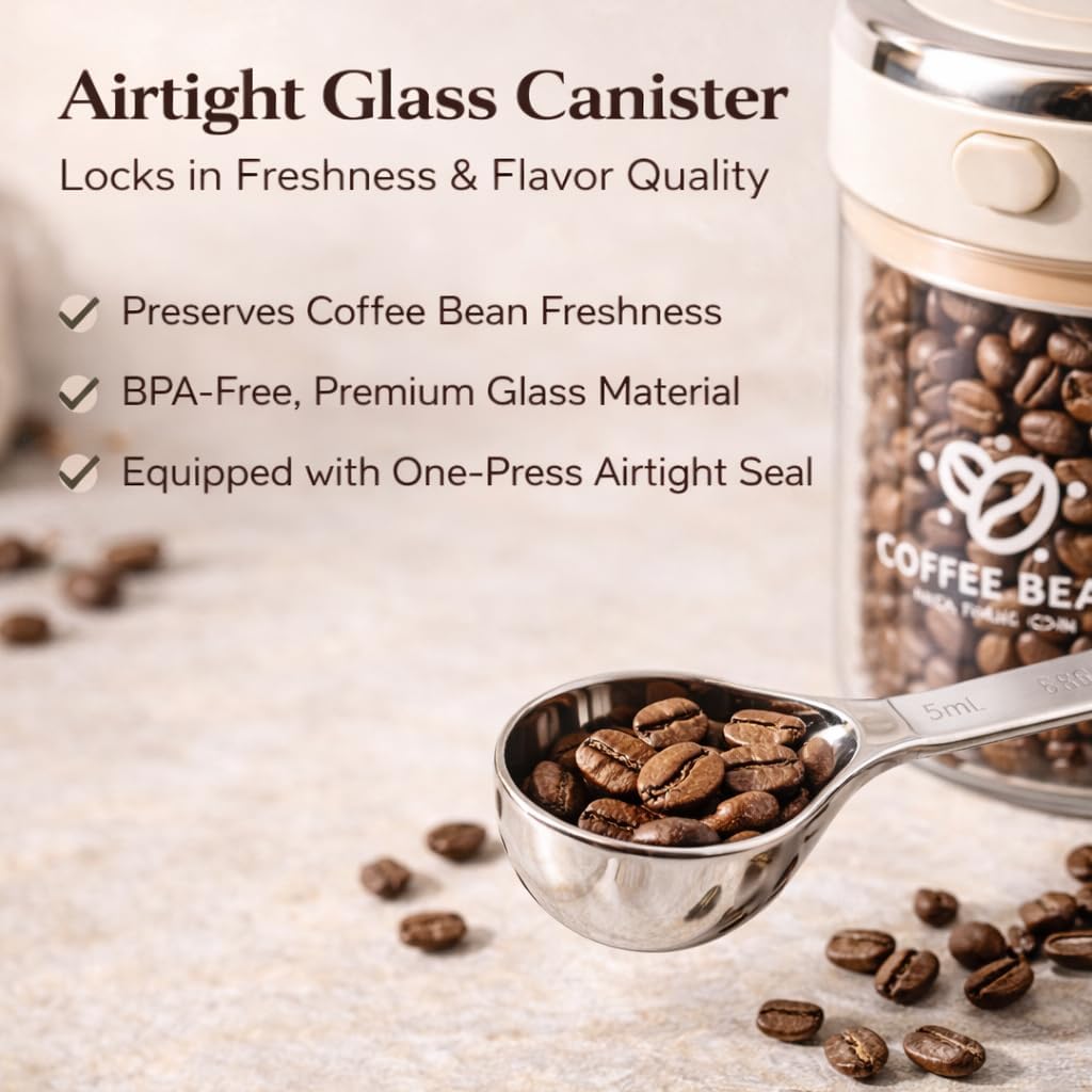 FUYIHGL® 2PCS Glass Coffee Bean Storage Canister with One-Way CO2 Valve | 17oz Small Airtight Container with Date Tracker Lid – Degassing Jar with 2 Shell Scoops (15ml/30ml) for Coffee Bar Tea Nuts