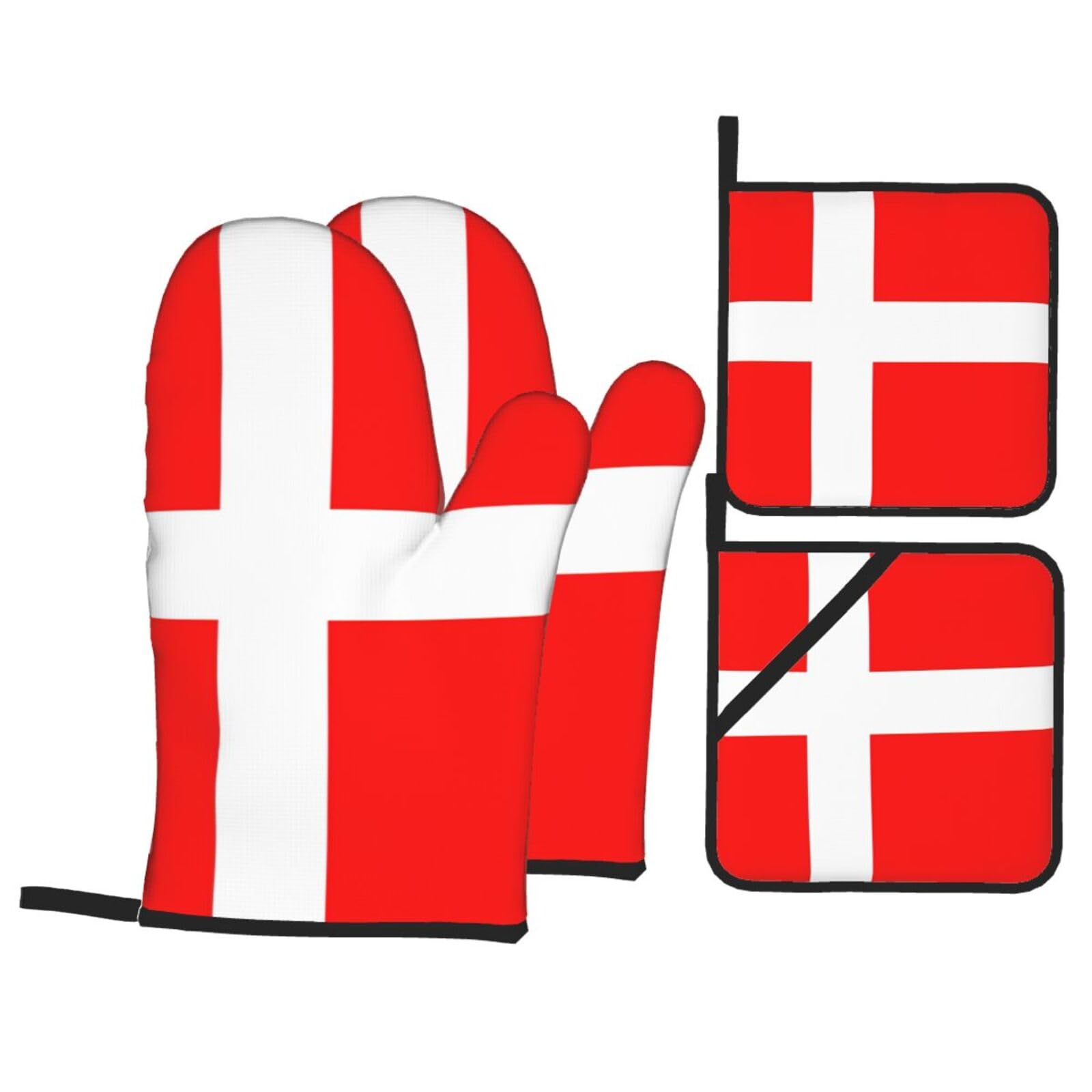 Nimongt Black Denmark Danish Flag Print Heat-Resistant 4-Piece Oven Kitchen Gloves For Baking Cooking Microwaving Essentials