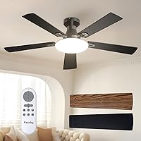 Passky 52 Inch Flush Mount Ceiling Fan with Lights & Remote - Reversible Quiet DC Motor, Dimmable 3CCT, Black for Bedroom Farmhouse