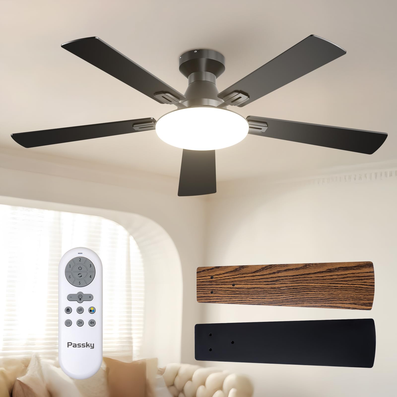 Photo 1 of ***MISSING PIECES -SELLING AS PARTS ONLY***Passky Ceiling Fans with Lights, 52 inch Flush Mount Ceiling fan with Remote Control, Low Profile Ceiling Fan for Bedroom, Farmhouse, Reversible, 3CCT, Dimmable, Noiseless DC Motor, Black