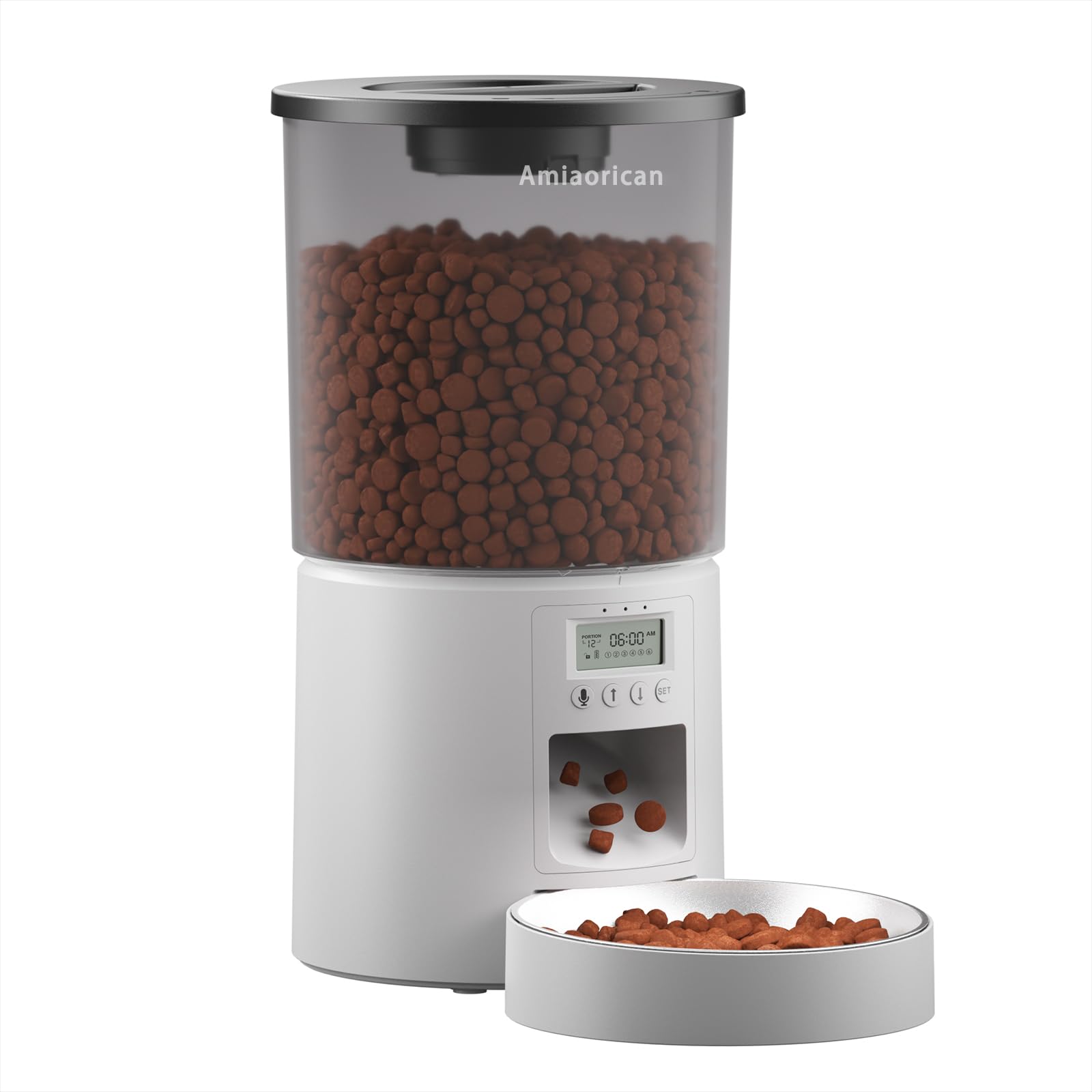 4.2L Automatic Cat Feeder,6 Meals/Day,Dual Power,Dry Pet Food Autofeeder Portion Control,Timer Setting,10S Voice Record (Transparent White, Stainless Steel Bowl)