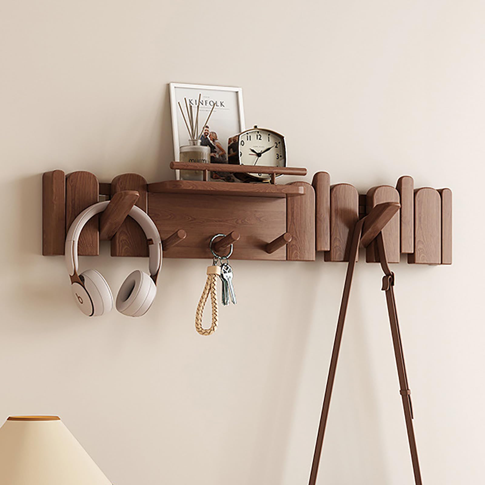 JS Space Piano Key Wall Coat Rack with Shelf, Wooden Flip Down Hooks, Entryway Wall Organizer for Bathroom, Hallway, Bedroom Walnut 7-Hook