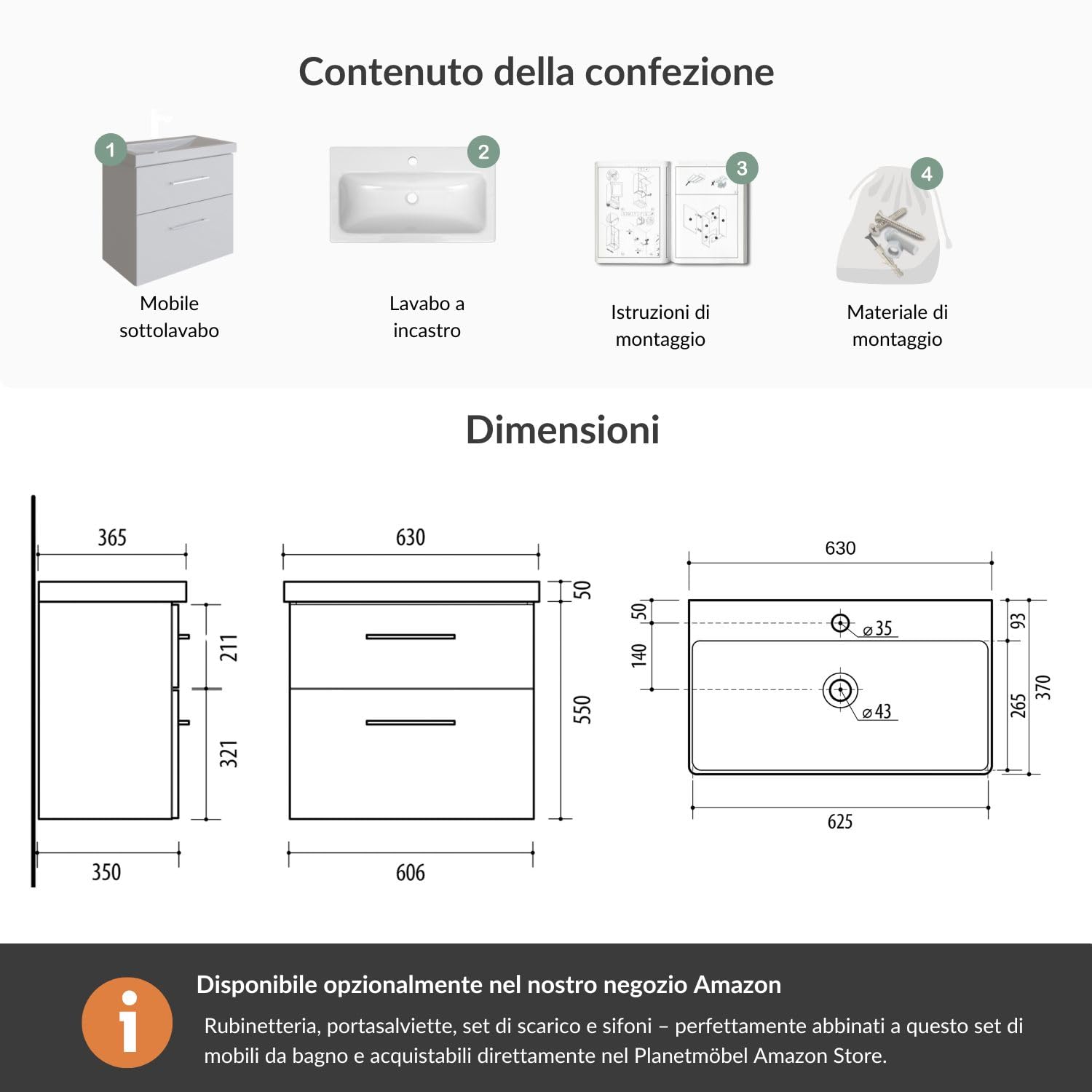 Planetmöbel Set di mobili da bagno lavabo con mobiletto 63 x 60 x 36,5 cm, mobile lavabo moderno per bagno e WC ospiti, bianco