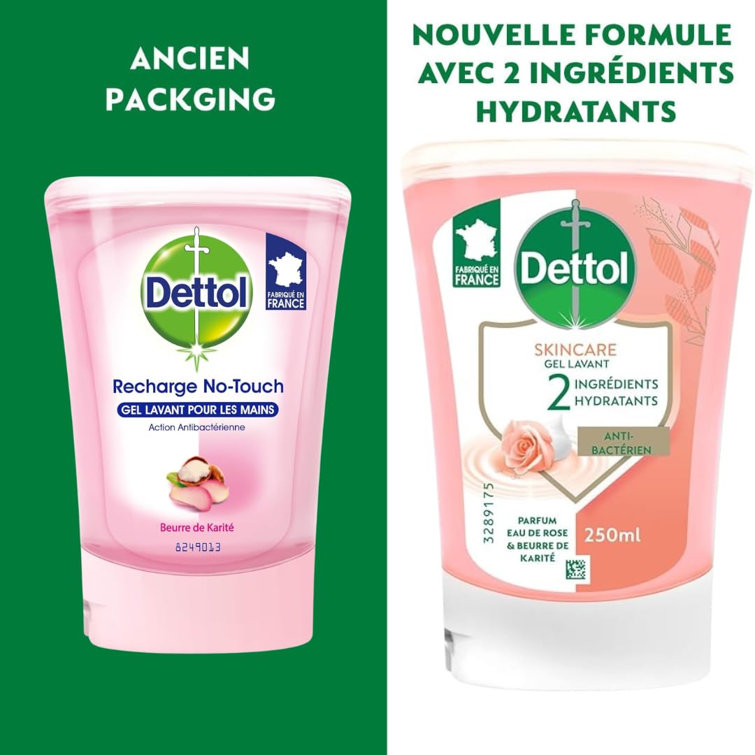 DETTOL No-Touch - Kit Citron Distributeur Automatique Savon Liquide Mains et 2 Recharges 250ml (Eau de Rose & Beurre de Karité)