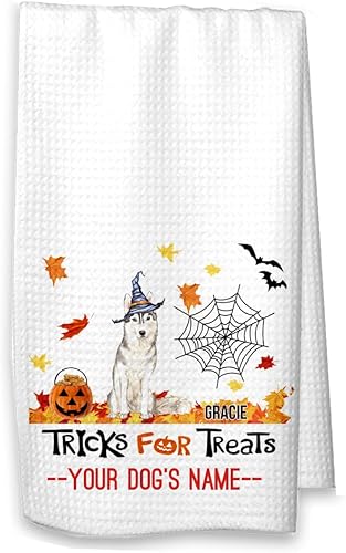 Studio 9Thirty3 Tricks for Treats Husky Halloween Kitchen Waffle Towel, Husky Fall Decor for Mom, Hostess Gift (White Towel, Husky with Name)