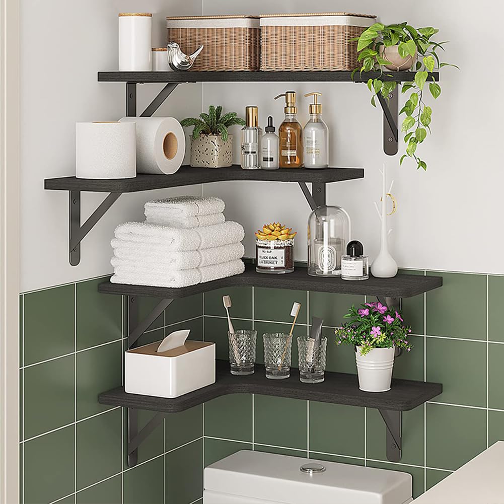 BAKAJI Set van 4 houten hoekplanken, hoekrek voor wandmontage, stangen van metaal, rek voor slaapkamer, woonkamer, keuken, badkamer, ruimtebesparende boekenkast (zwart