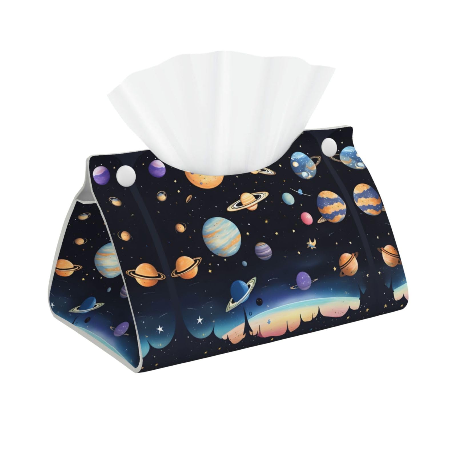 Saturn Jupiter Earth Print Long Tissue Box Cover Holder Foldable Leather Organizer for Vanity, Nightstand, Desk & Bathroom