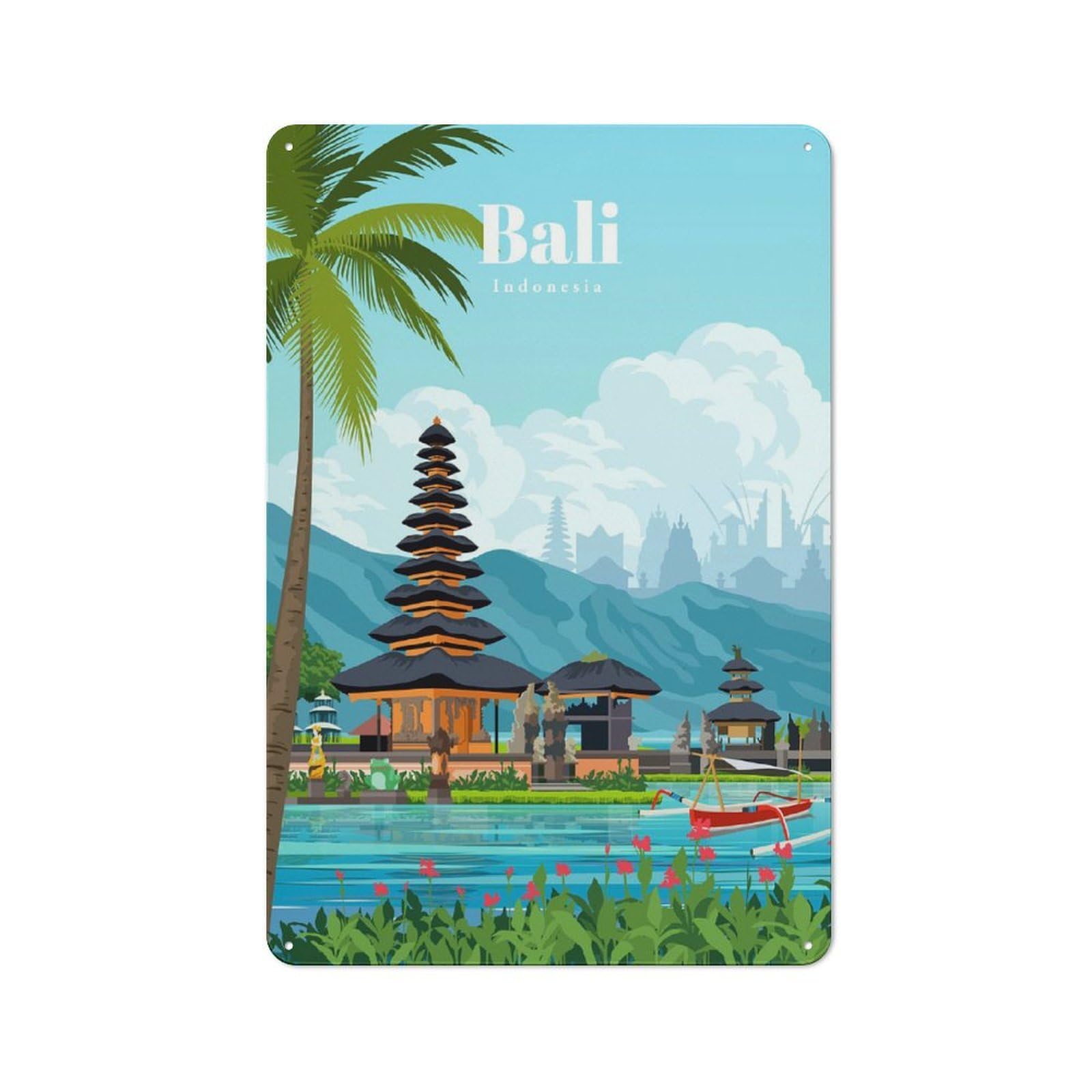 Travel to Bali Tin Wall Plaque 30x20cm, Rustic Farmhouse Wall Decor for Dining Room, Cafe, Entryway Or Family Room