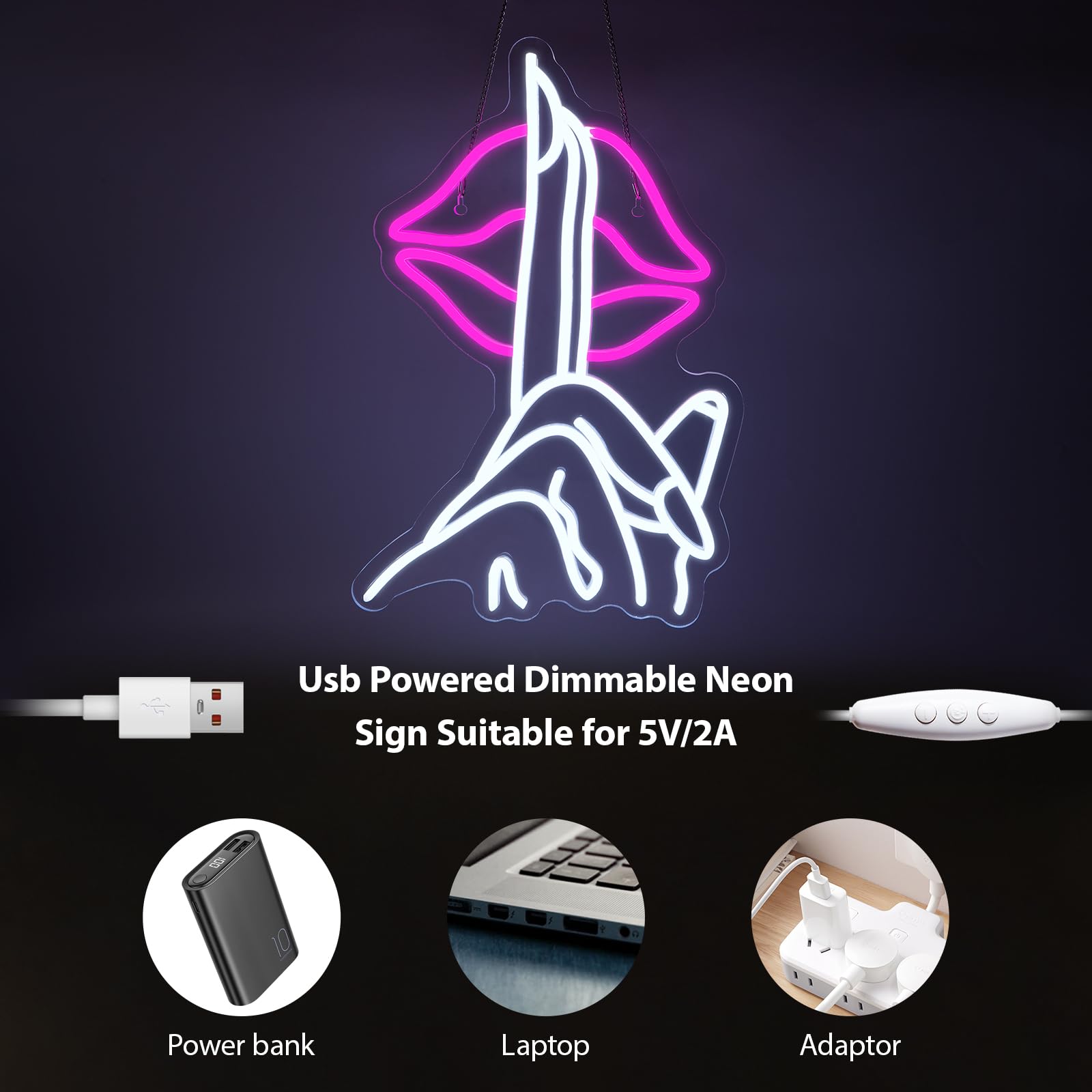 Lips Neon Sign Shh Gesture Led Neon Lights for Wall Decor USB