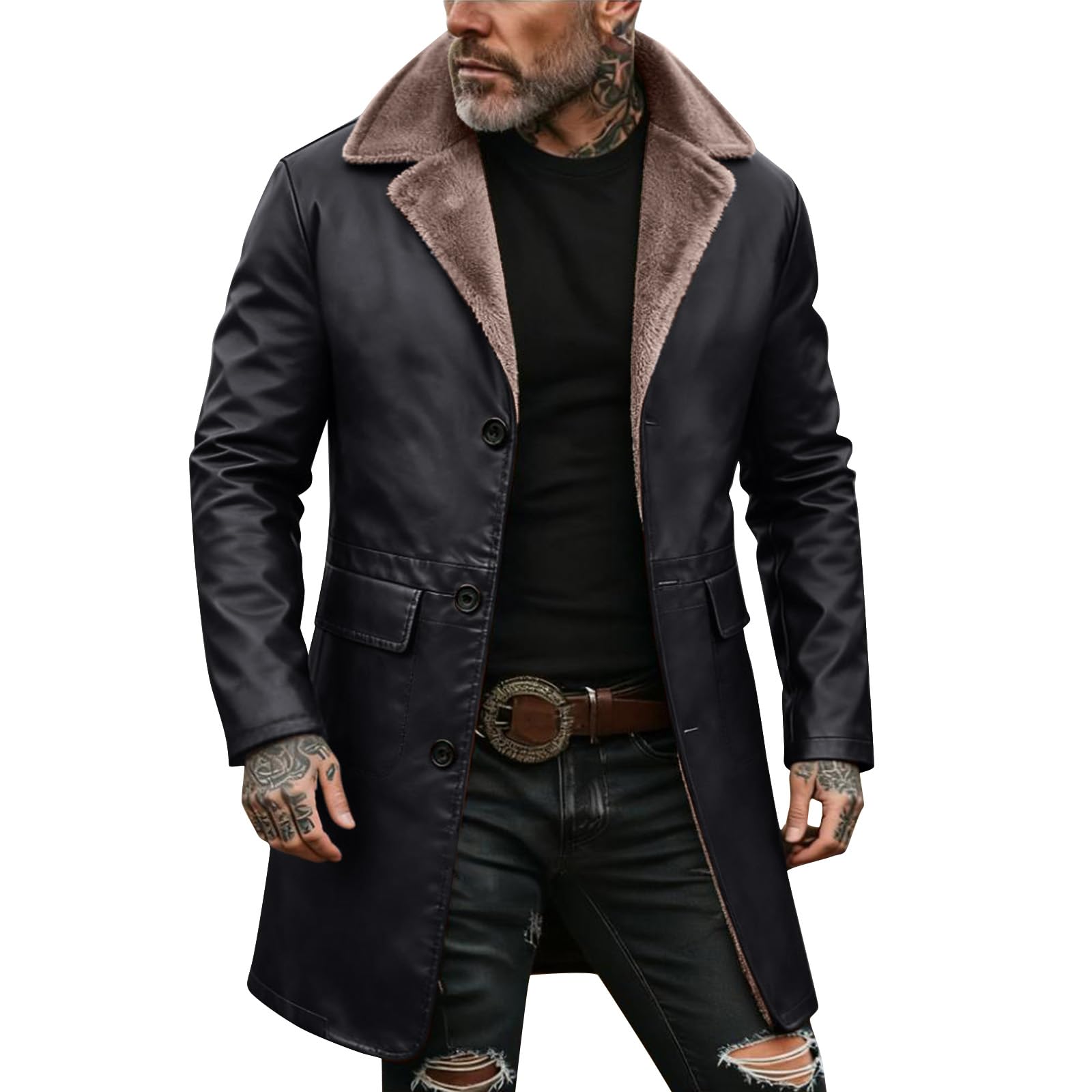 Generisch Lederjacke Herren Gefüttert Winterjacke Männer Sherpa Jacke Herren Herbstmantel Wintermantel Long Coat Men Anorak Herrenmantel Lang Übergangsjacke Herbst Leder Sakko