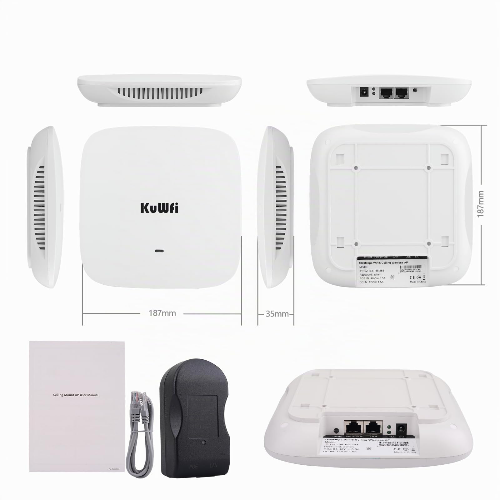 KuWFi access point wifi 6 poe AX1800 Dual Band, velocità WiFi 1800 Mbps/porta Gigabit di collegamento/supporto Ethernet access/for switch POE/Commerciali/centri commerciali/luoghi grandi e densi