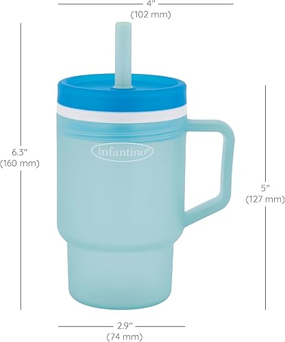 Vista 6 de Infantino Mi primer vaso, taza de sorbito de plástico duradero con pajita de silicona resistente a fugas y asa, para llevar, taza de transición Azul