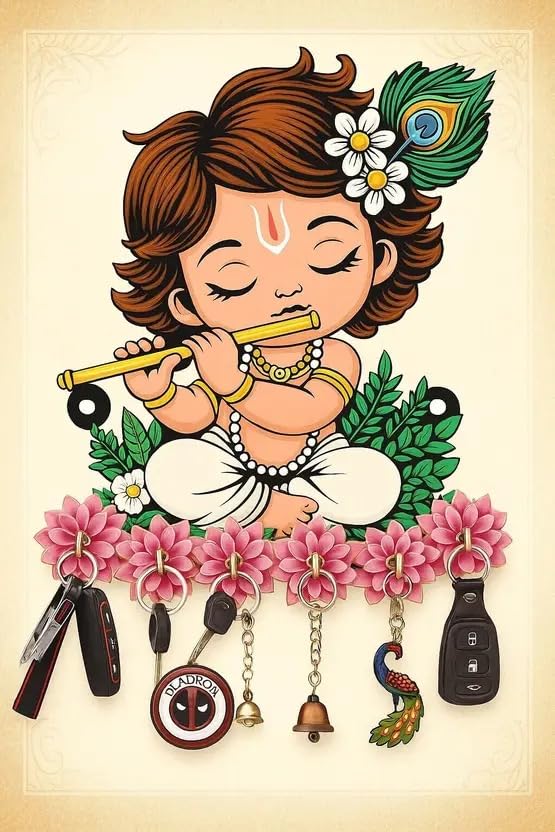 Decorative Key Holder with Pink Floral Design, Car Key Hooks, Wall Mount Organiser