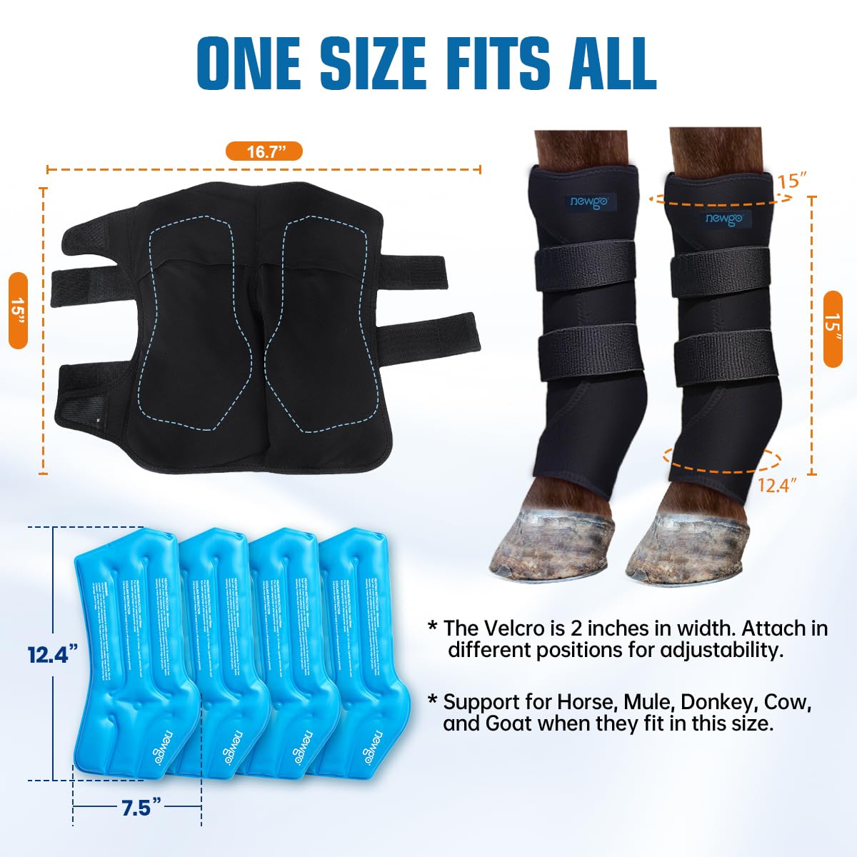 NEWGO Ghette refrigeranti per Cavallo, riutilizzabili, per lesioni, Raffreddamento, Cavallo, Ginocchia, 2 Benda con 4 lavagne di Raffreddamento per Stivali e Zoccoli (2 Pezzo)