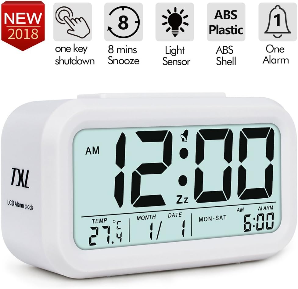 Digital Alarm Clock Electronic Table Clock Large LCD Display Date Temperature Dimmer Snooze & Nightlight, Desk & Shelf Clock for Kids' Room, Home Office Kitchen Bedside Clock, White