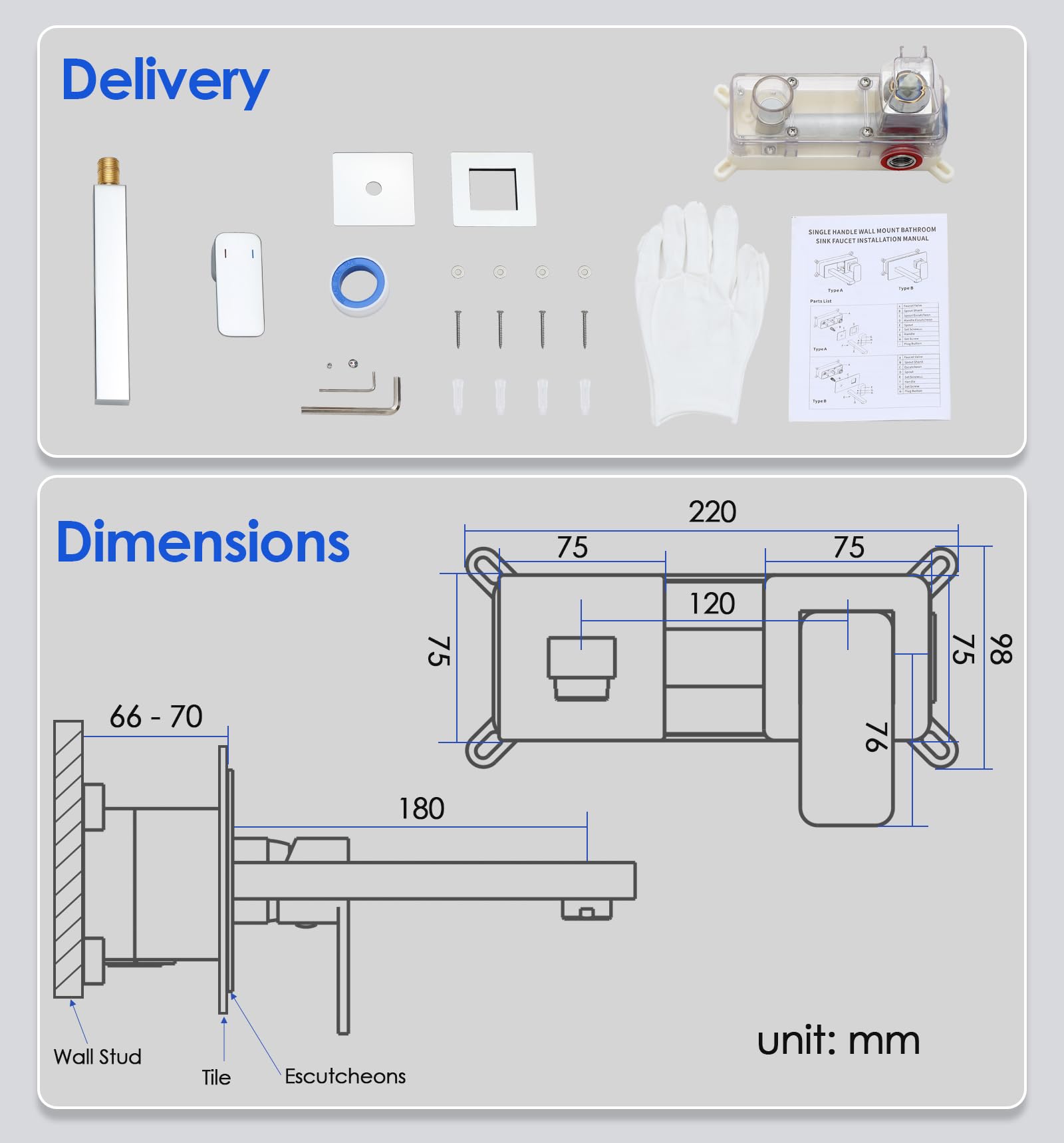 ROVOGO Wall Mounted Basin Mixer Tap with Concealed Stainless Steel Body 304 & Square Spout for Bath or Tub 2-Hole Bathroom Basin Tap - Image 4