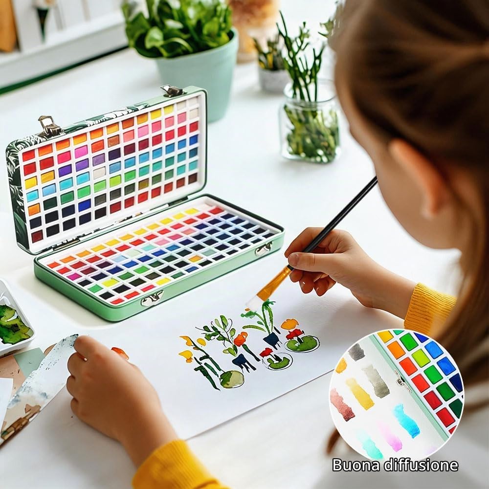 Set di Pittura ad Acquerello 168 Colori in Scatola Portatile Kit Acquerelli da Viaggio con Pennelli e Carta Acquerello Dipingere Acquerelli per Adulti Principianti Professionisti Artisti Viaggi