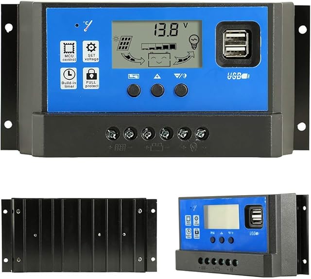 Solar Charge Controller 40A 12V/24V PWM Auto Paremeter Adjustable LCD Display with Dual USB Load Timer Setting ON/Off Hours Solar Regulator