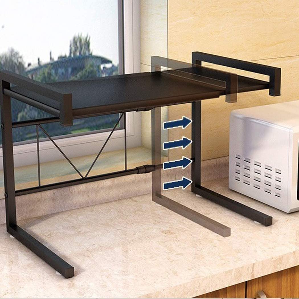 RELOVE Extensible soporte para microondas de metal, altura ajustable, estante de almacenamiento para cocina, titular de especias con 3 ganchos, carga máxima 25 kg (42 cm (40-65 cm)negro